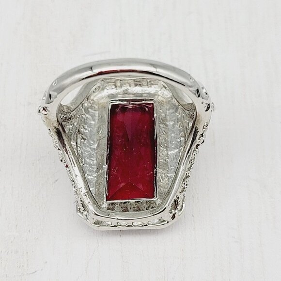 Emerald Cut Red Glass Filigree Ring Sz 7.75 Vintage New Old Stock Silver Tone - Picture 8 of 11